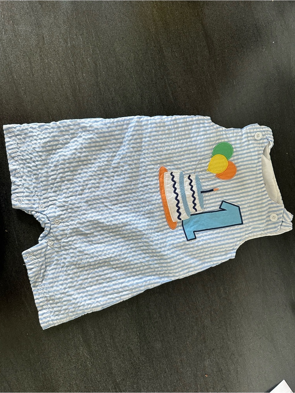 Blue and White Striped Baby Romper with Birthday Applique